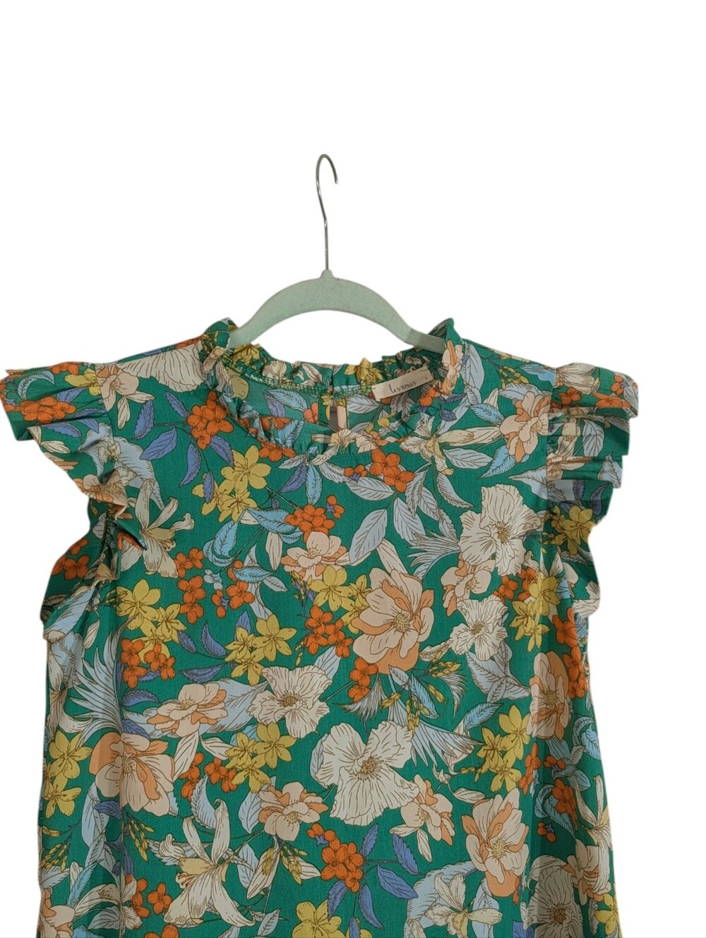 Les Amis Floral Flutter Sleeve Blouse Small Teal Ruffle Neck Cottagecore Top - Picture 3 of 7